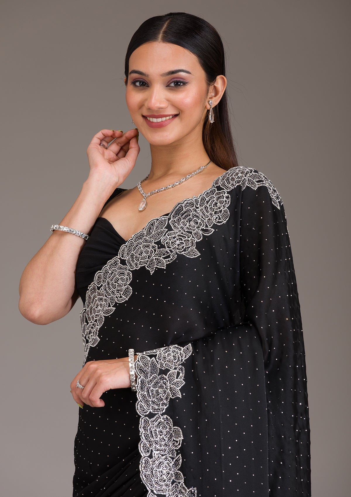 Black Swarovski Satin Saree-Koskii