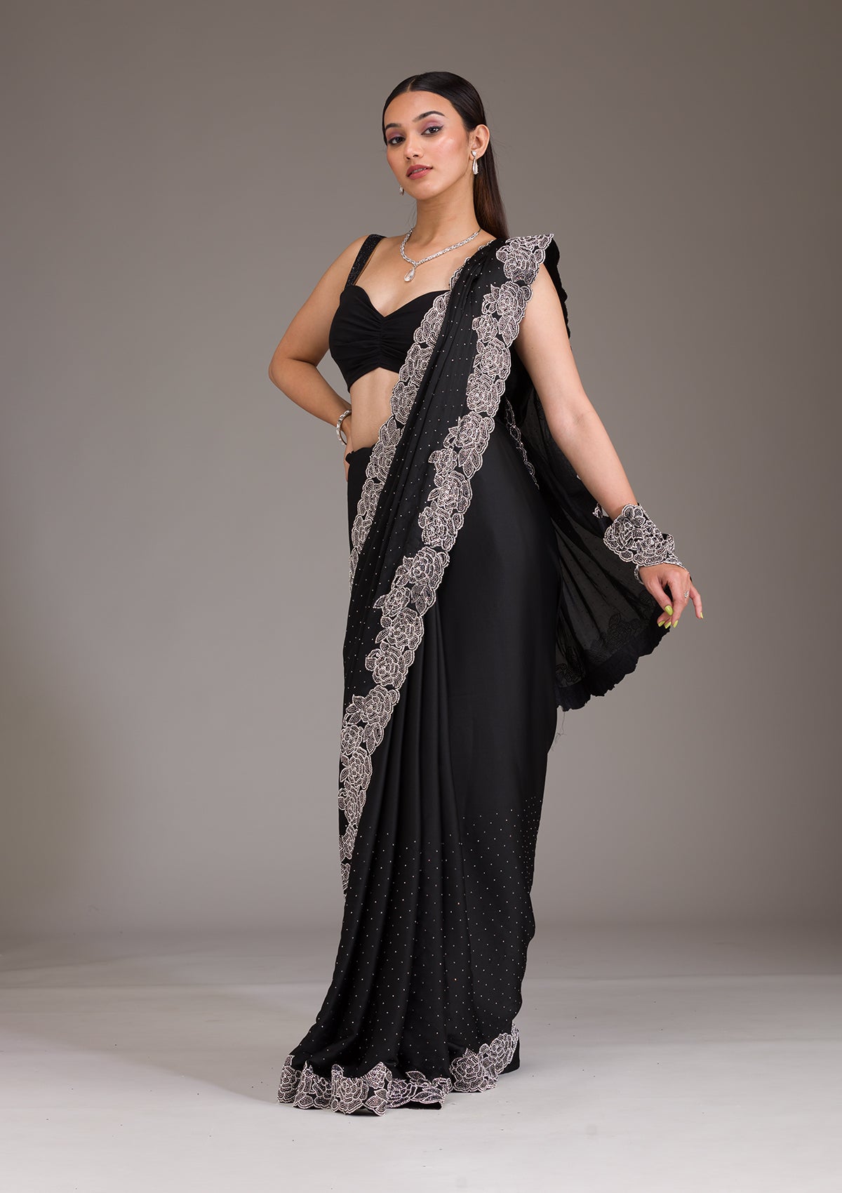 Black Swarovski Satin Saree-Koskii