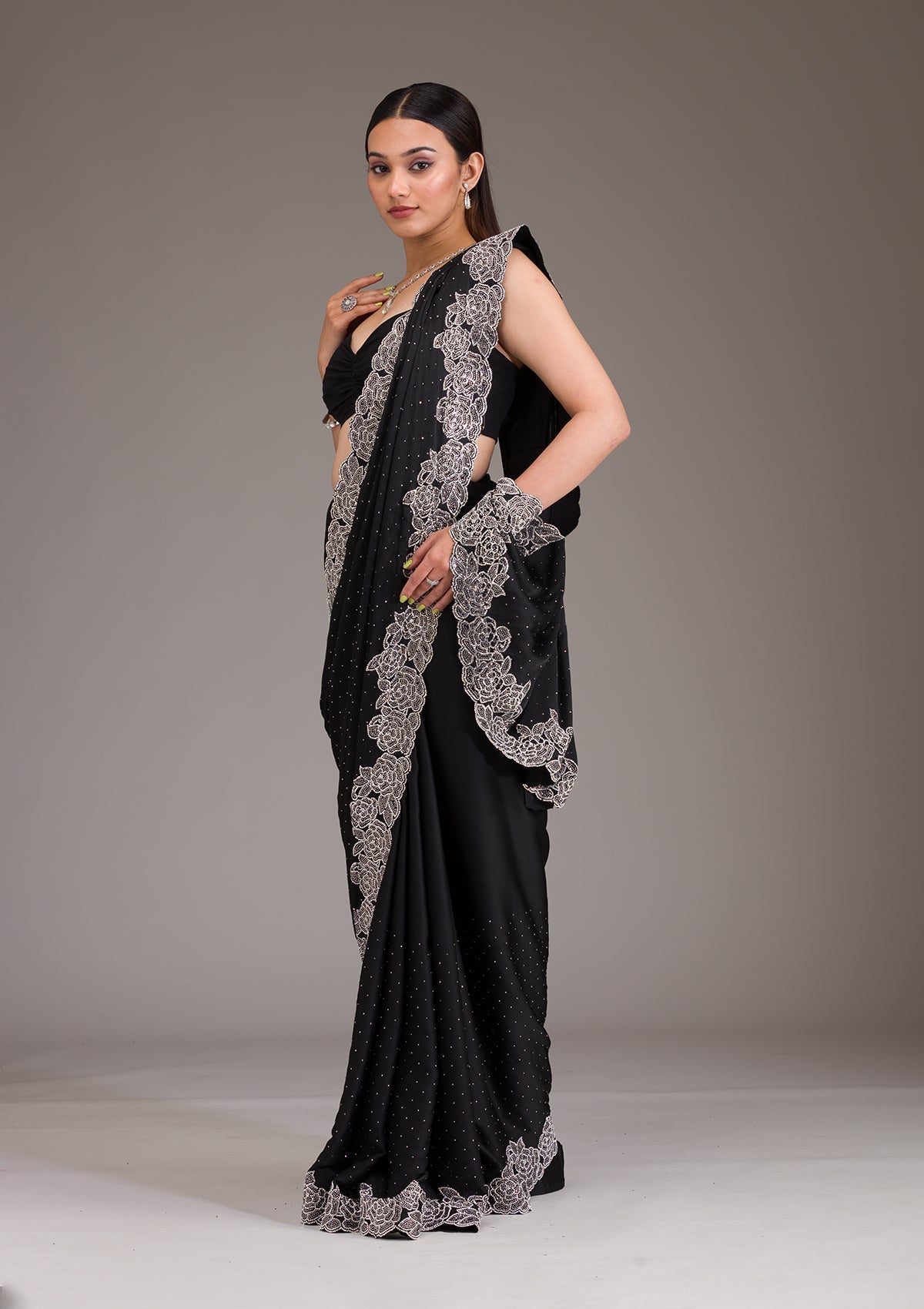 Black Swarovski Satin Saree-Koskii