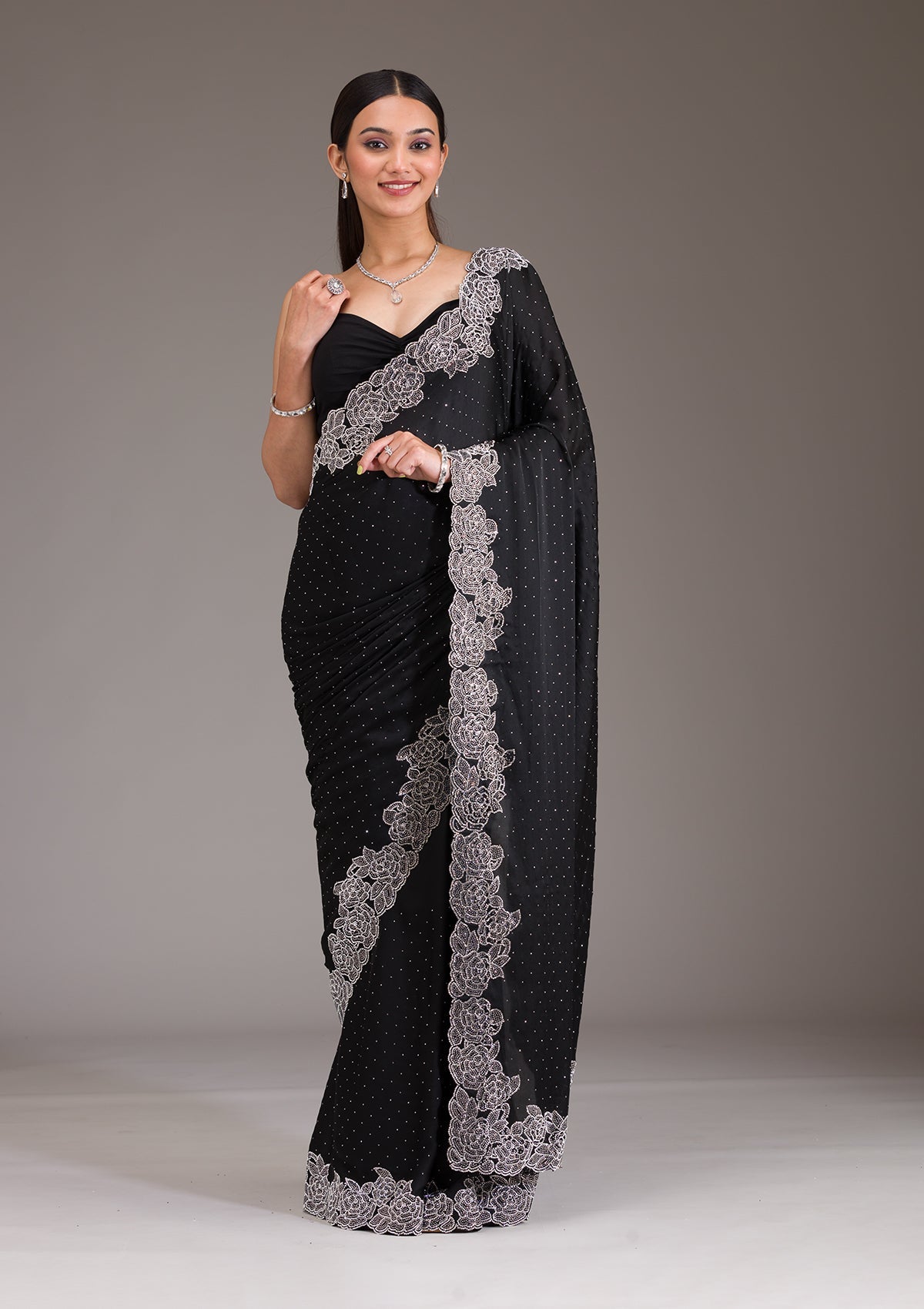 Black Swarovski Satin Saree-Koskii