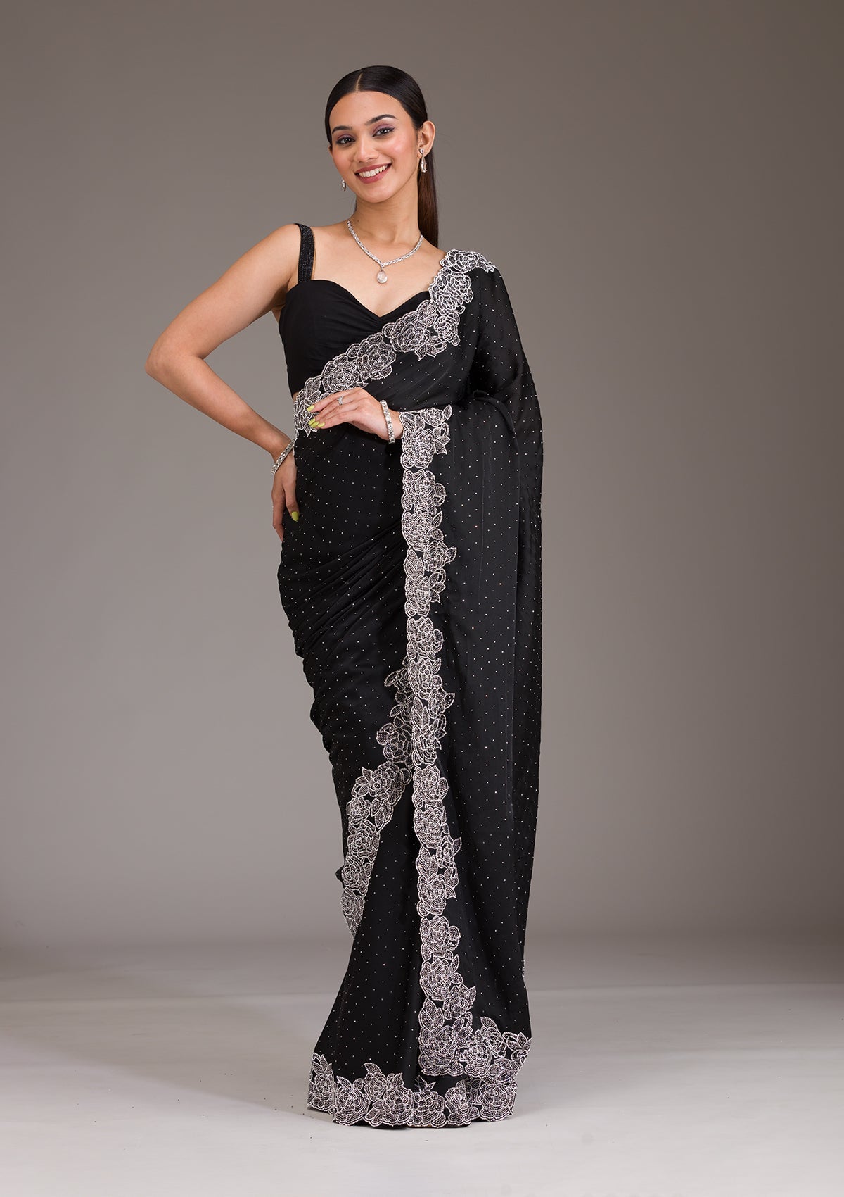 Black Swarovski Satin Saree-Koskii