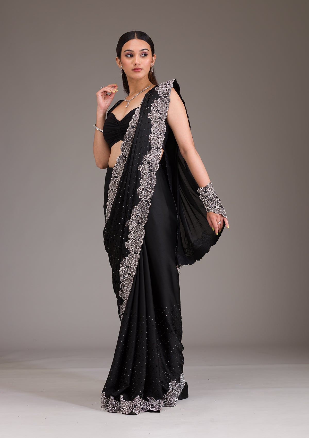 Black Swarovski Satin Saree-Koskii