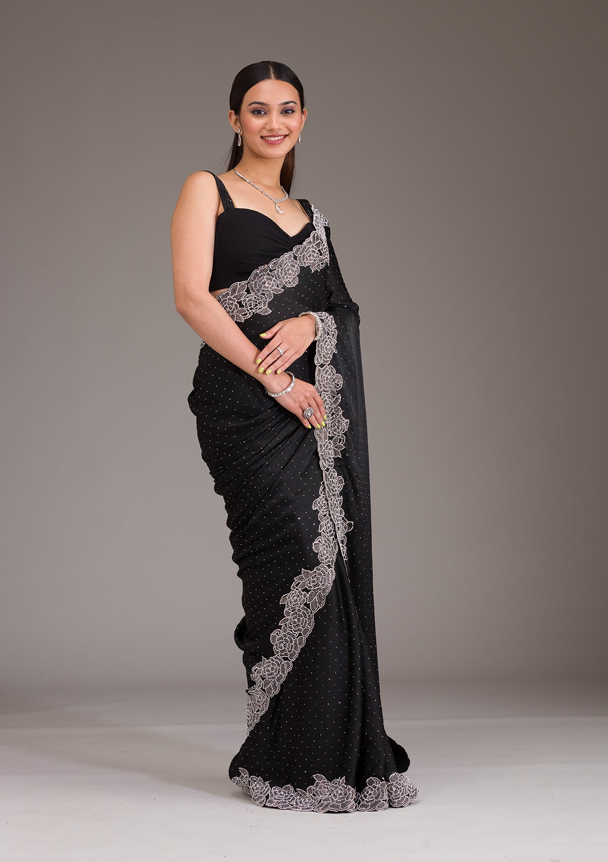 Black Swarovski Satin Saree-Koskii