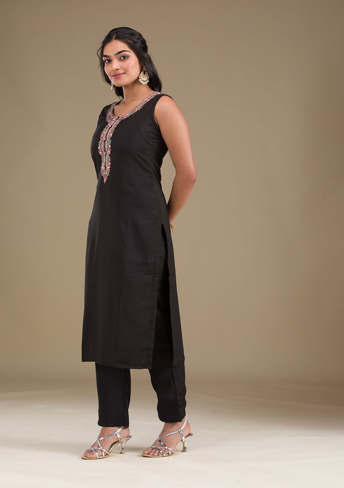 Black Threadwork Art Silk Readymade Salwar Suit-Koskii