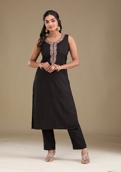 Black Threadwork Art Silk Readymade Salwar Suit-Koskii