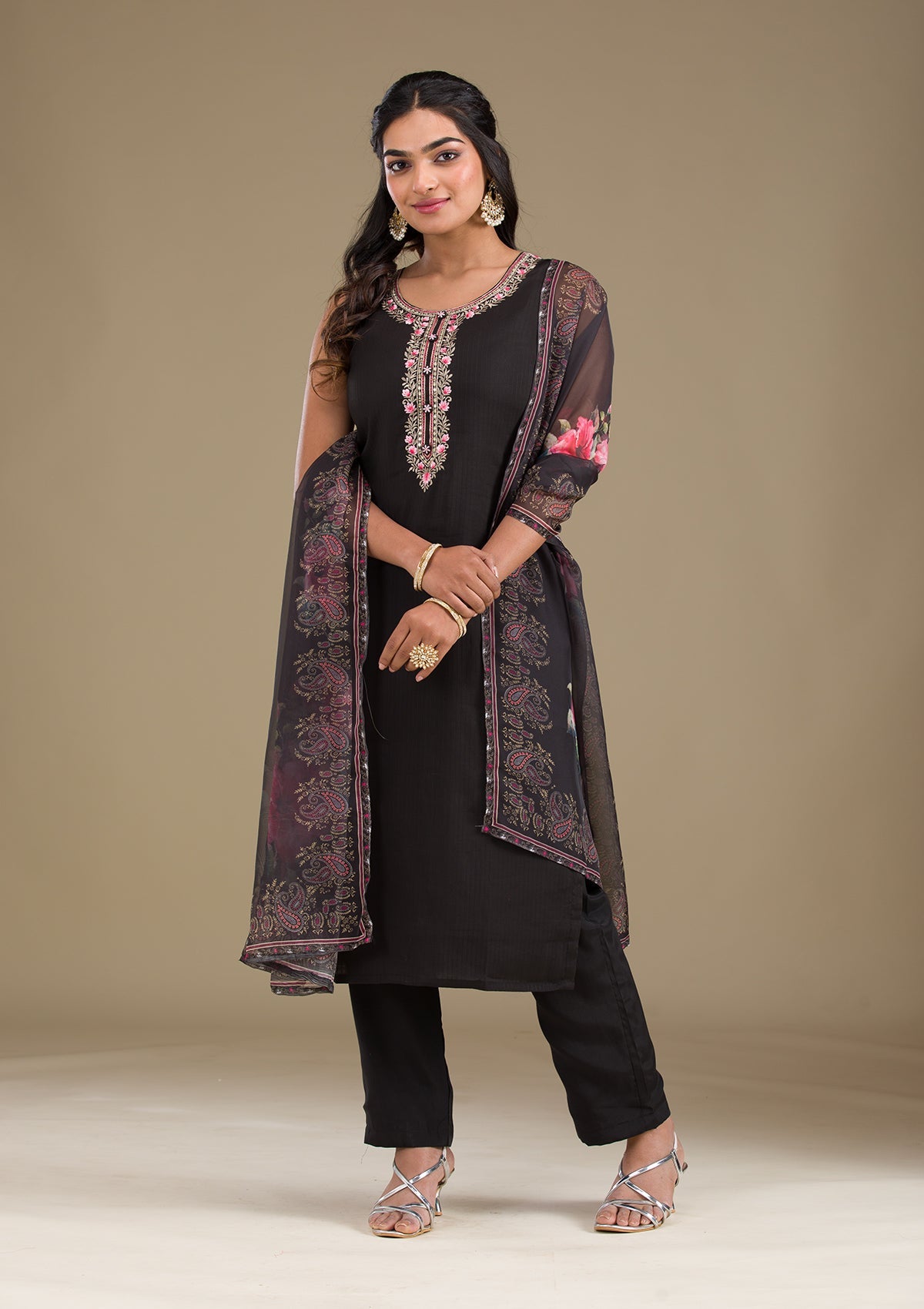 Black Threadwork Art Silk Readymade Salwar Suit-Koskii