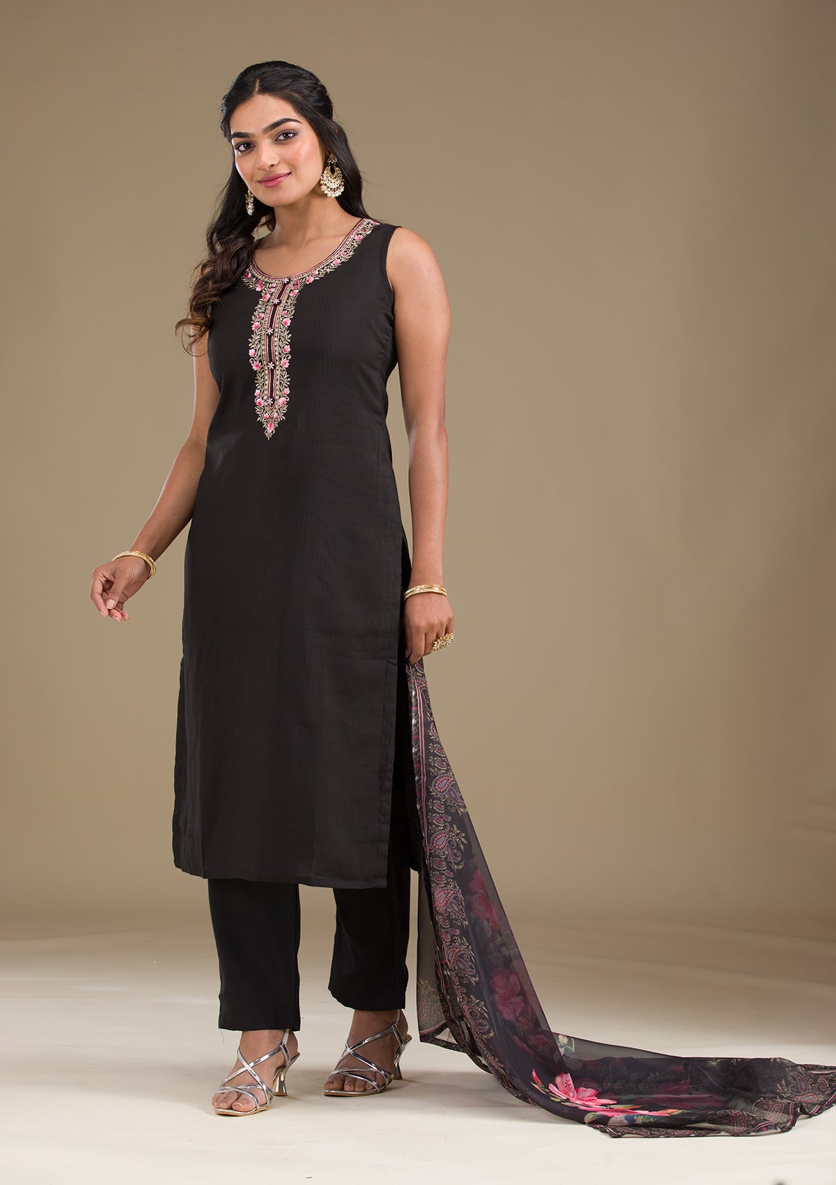 Black Threadwork Art Silk Readymade Salwar Suit-Koskii