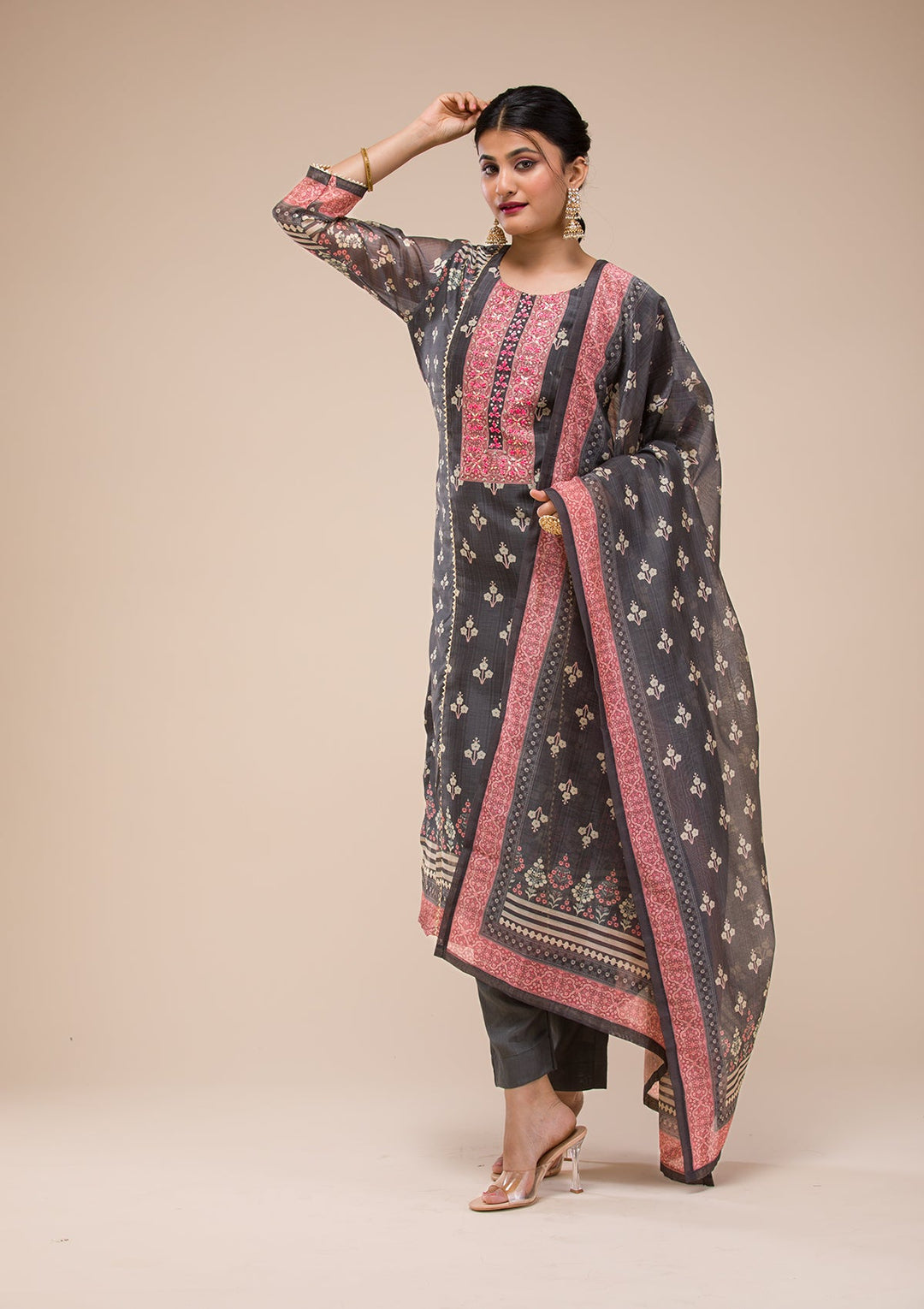 Black Threadwork Chanderi Readymade Salwar Suit-Koskii