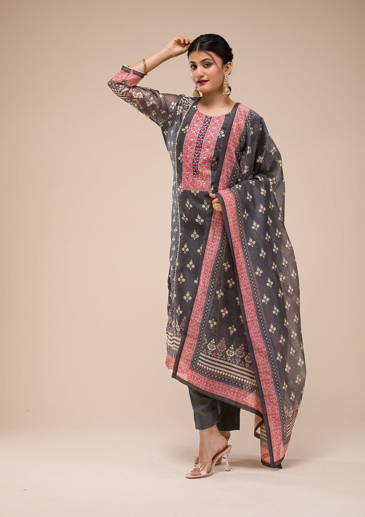 Black Threadwork Chanderi Readymade Salwar Suit-Koskii