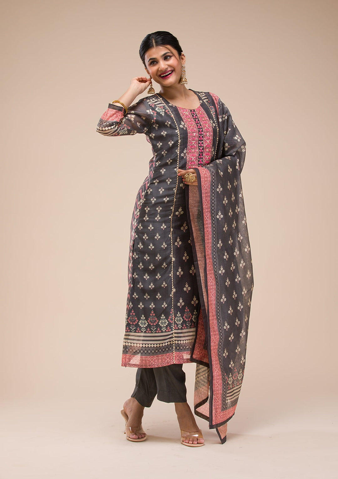 Black Threadwork Chanderi Readymade Salwar Suit-Koskii