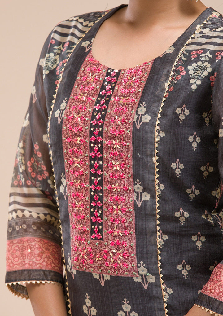 Black Threadwork Chanderi Readymade Salwar Suit-Koskii