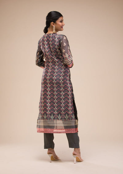 Black Threadwork Chanderi Readymade Salwar Suit-Koskii