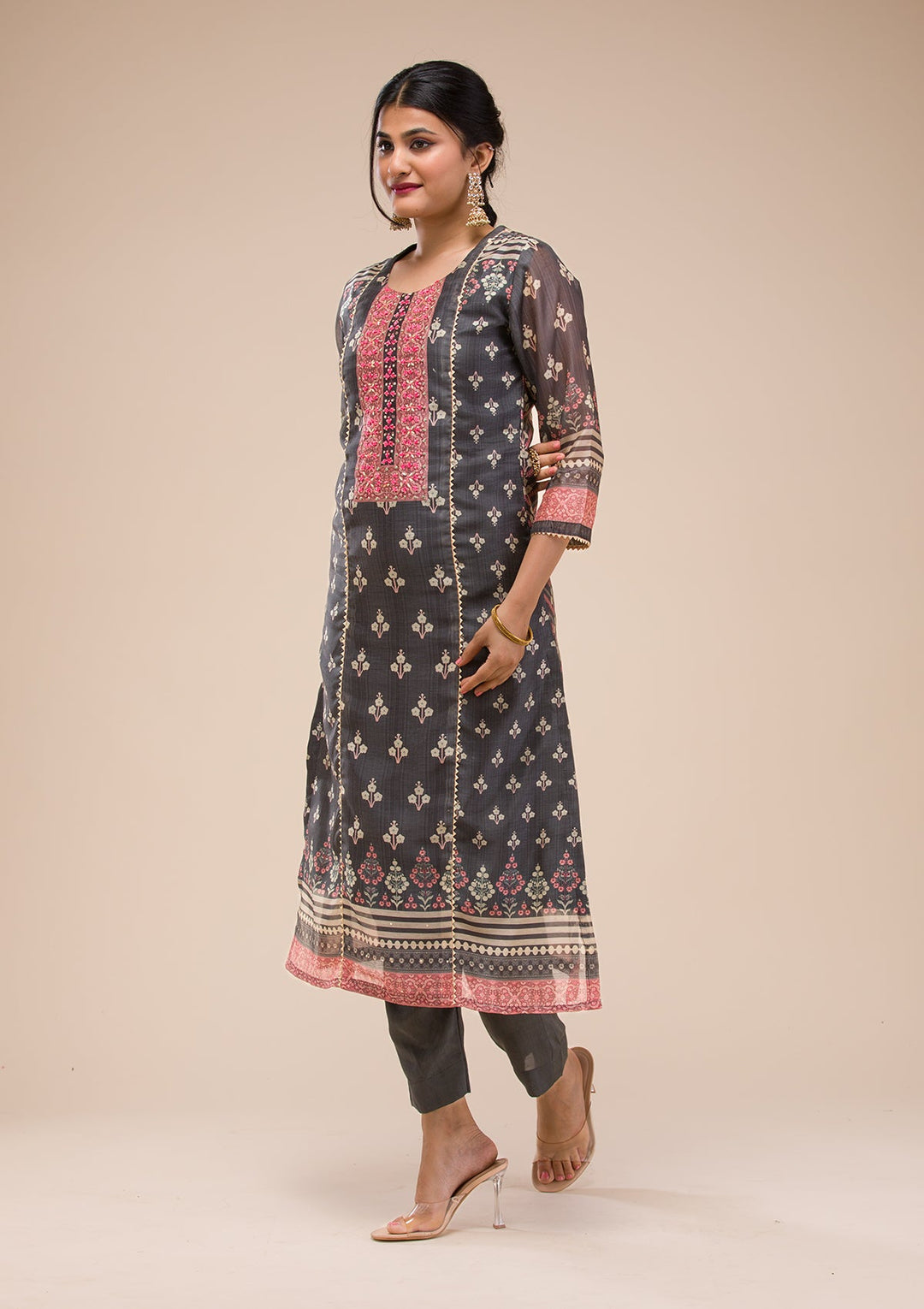 Black Threadwork Chanderi Readymade Salwar Suit-Koskii