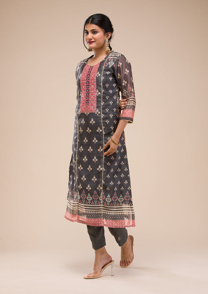 Black Threadwork Chanderi Readymade Salwar Suit-Koskii