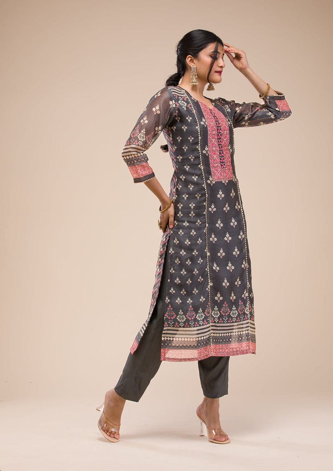 Black Threadwork Chanderi Readymade Salwar Suit-Koskii
