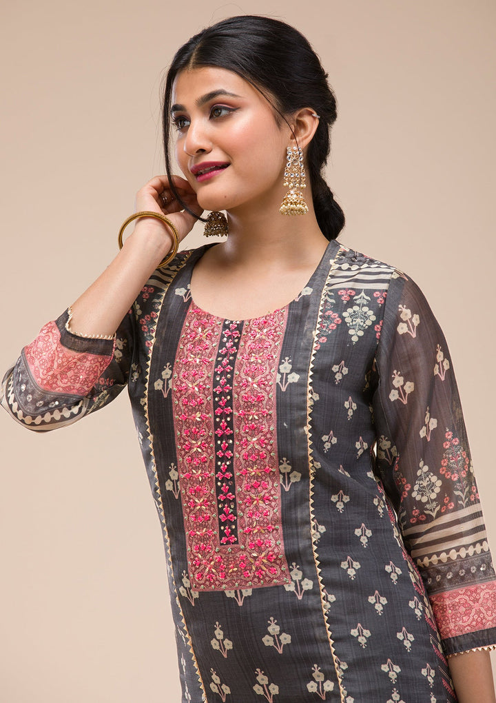 Black Threadwork Chanderi Readymade Salwar Suit-Koskii