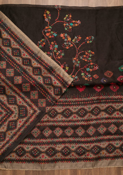 Black Threadwork Chanderi Unstitched Salwar Suit-Koskii