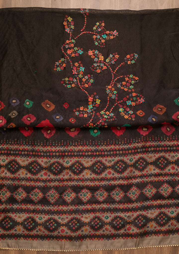 Black Threadwork Chanderi Unstitched Salwar Suit-Koskii