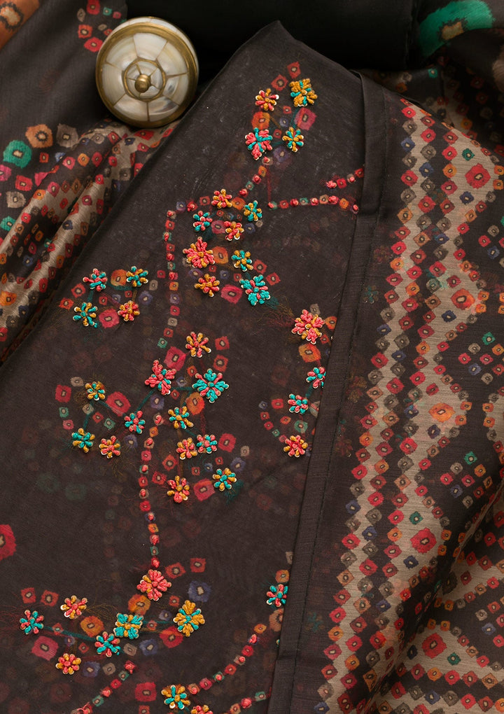 Black Threadwork Chanderi Unstitched Salwar Suit-Koskii