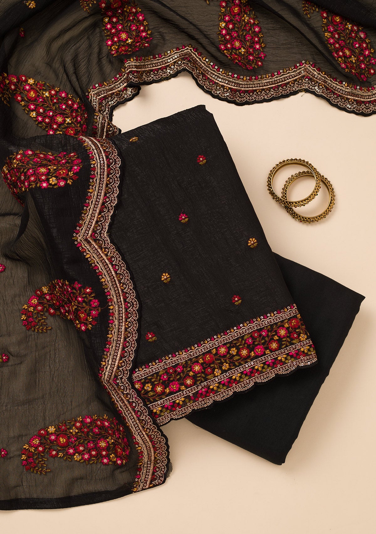 Black Threadwork Chiffon Unstitched Salwar Suit-Koskii