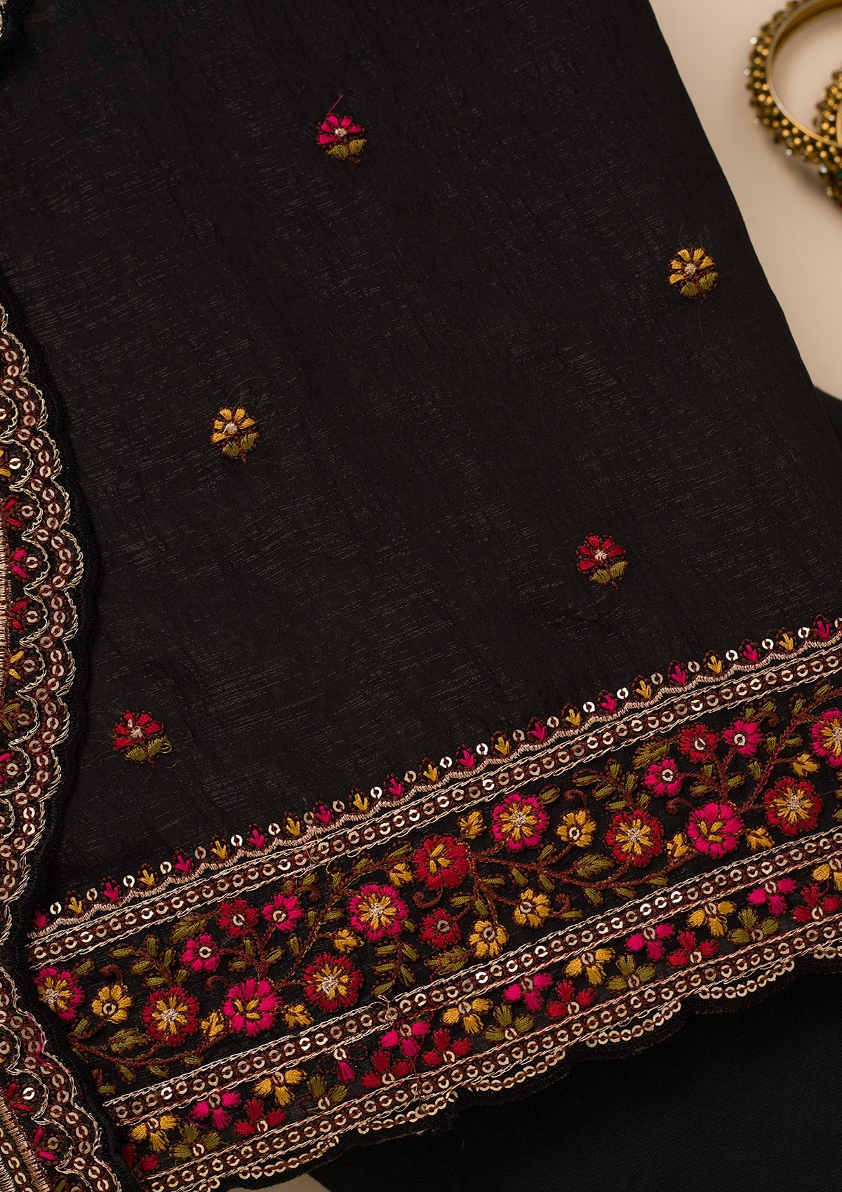 Black Threadwork Chiffon Unstitched Salwar Suit