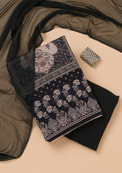 Black Threadwork Cotton Blend Unstitched Salwar Suit
