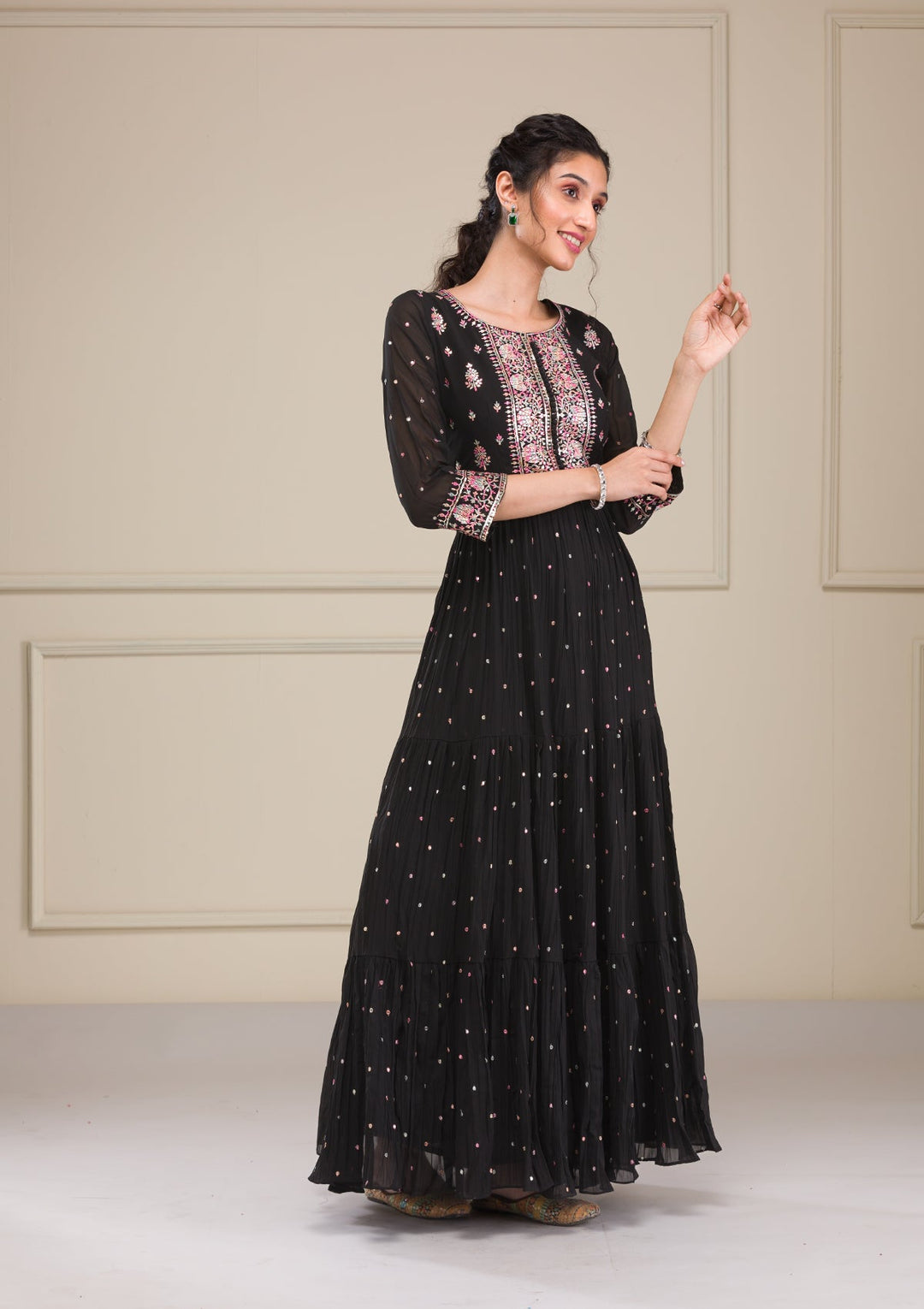 Black Threadwork Georgette Gown-Koskii