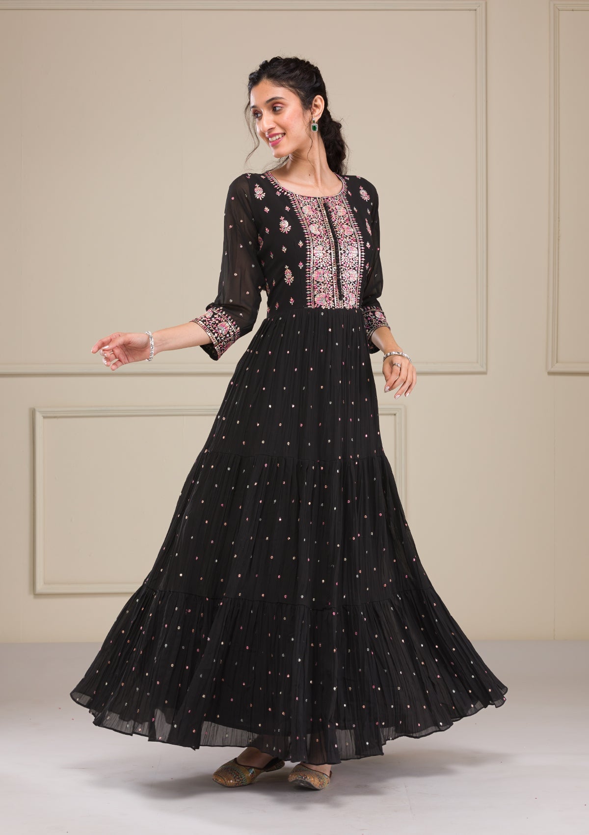 Black Threadwork Georgette Gown-Koskii