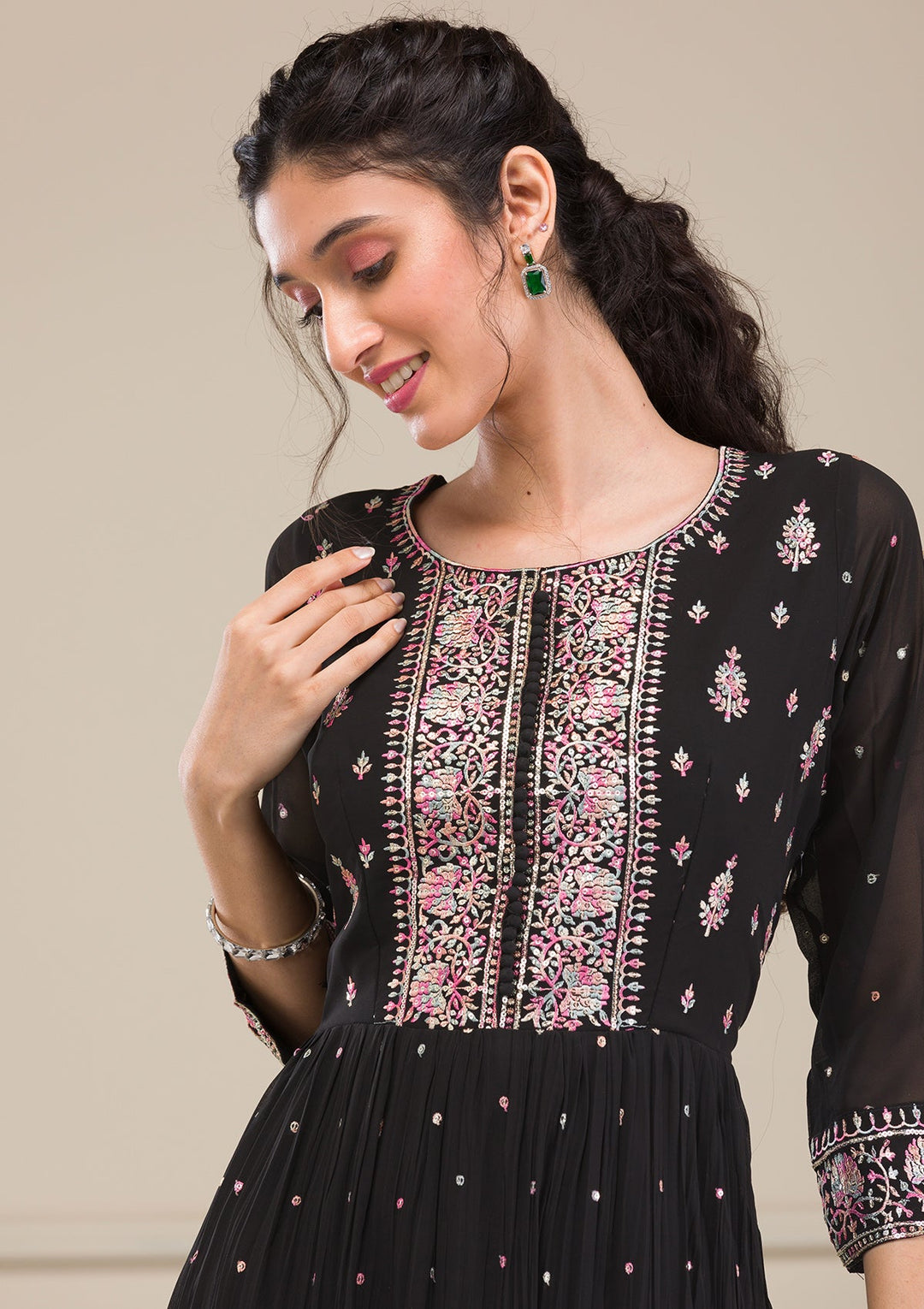 Black Threadwork Georgette Gown-Koskii