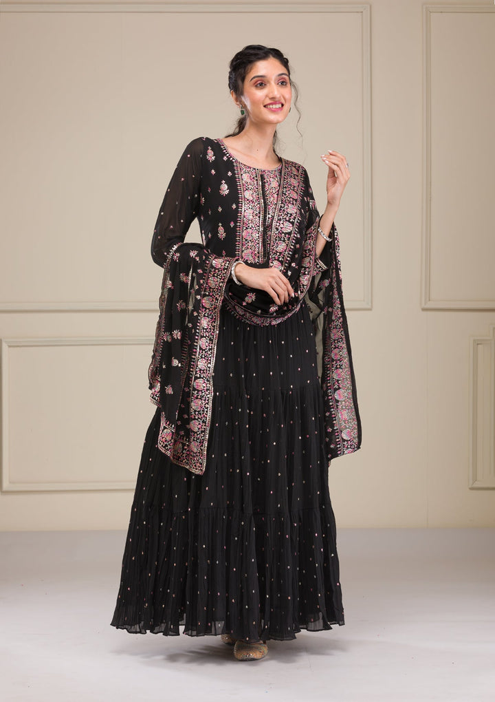 Black Threadwork Georgette Gown-Koskii