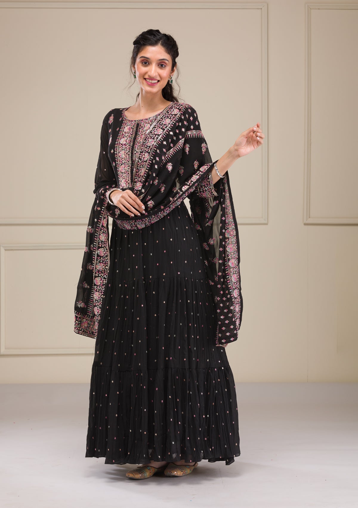 Black Threadwork Georgette Gown-Koskii