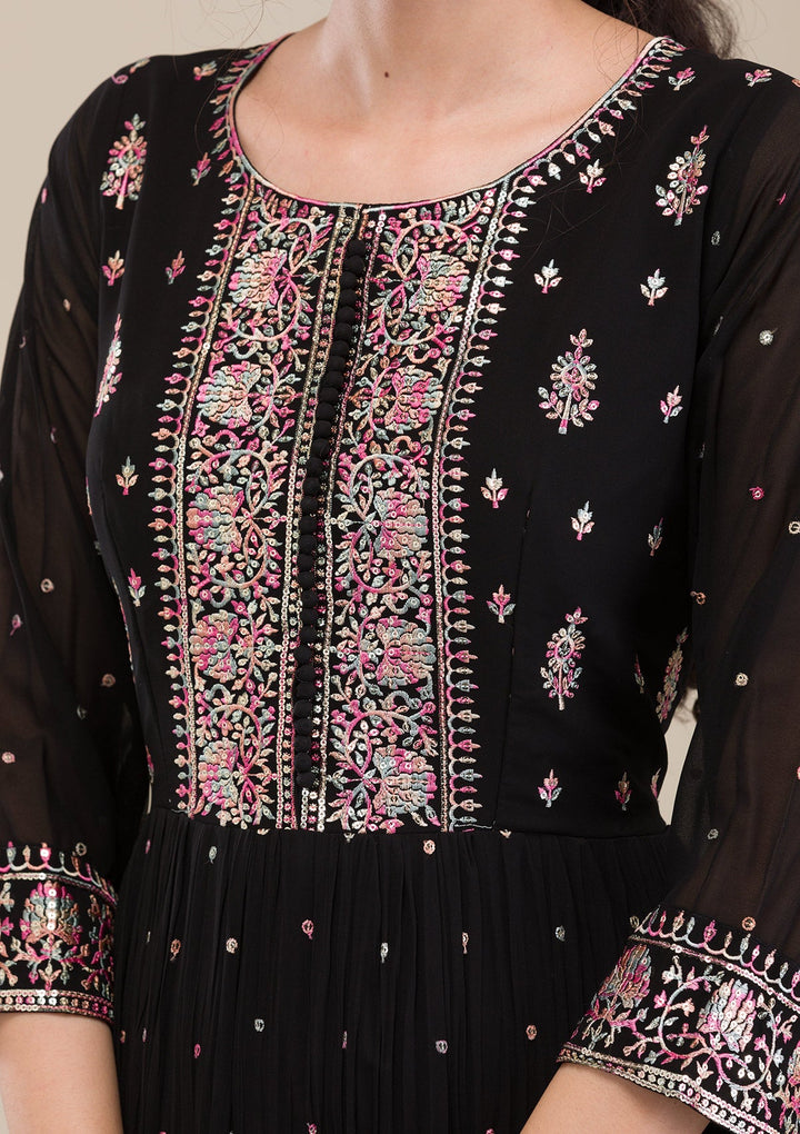 Black Threadwork Georgette Gown-Koskii