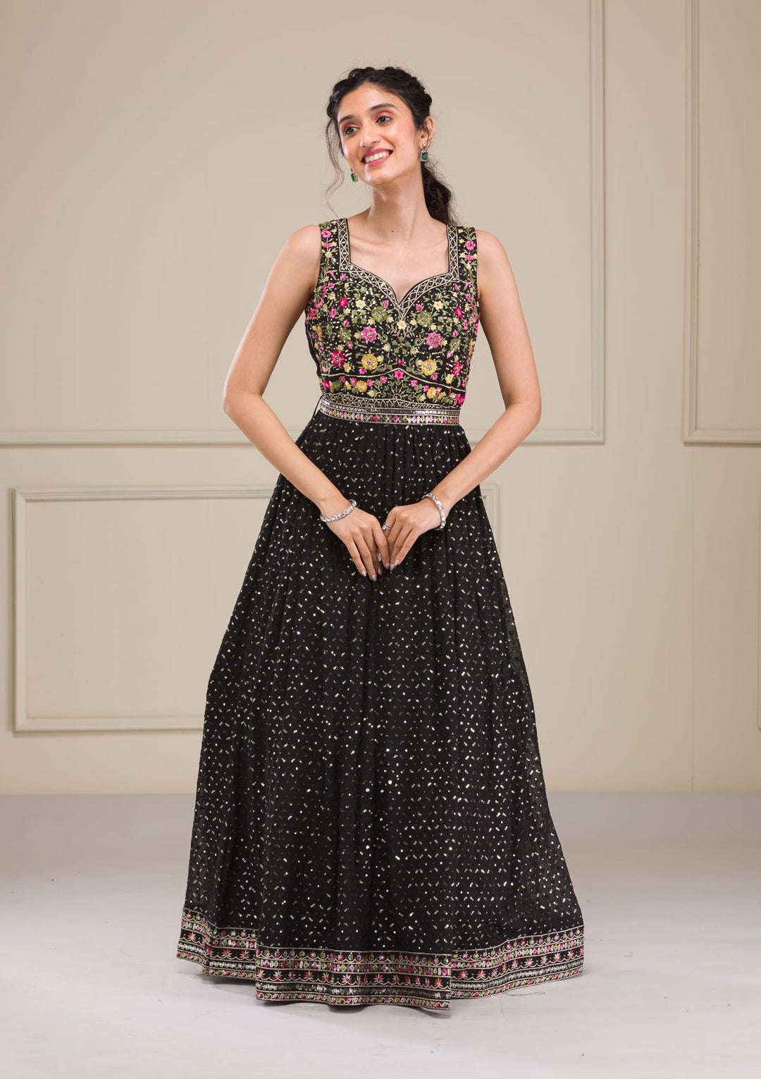 Black Threadwork Georgette Gown-Koskii
