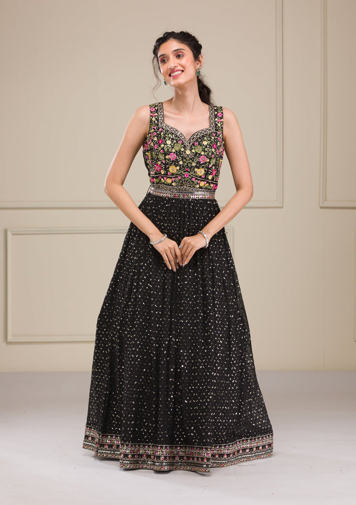 Black Threadwork Georgette Gown-Koskii