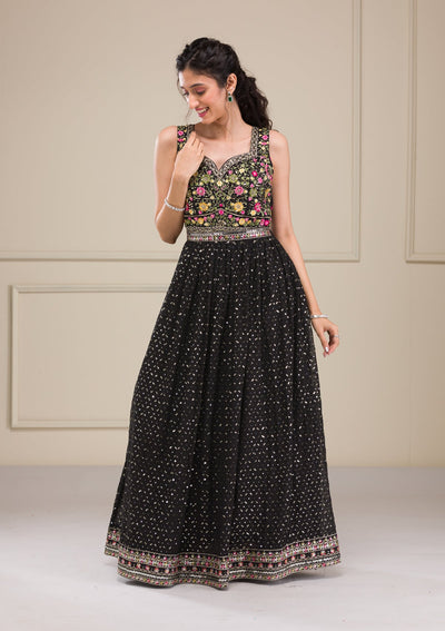 Black Threadwork Georgette Gown-Koskii