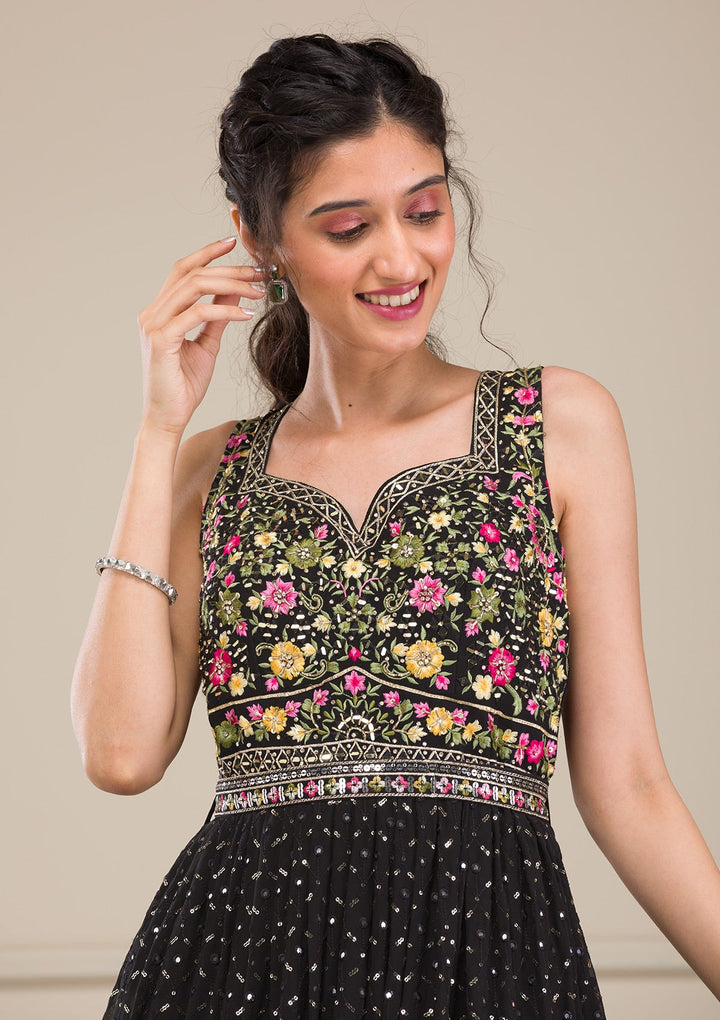 Black Threadwork Georgette Gown-Koskii