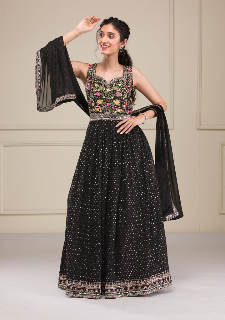 Black Threadwork Georgette Gown-Koskii