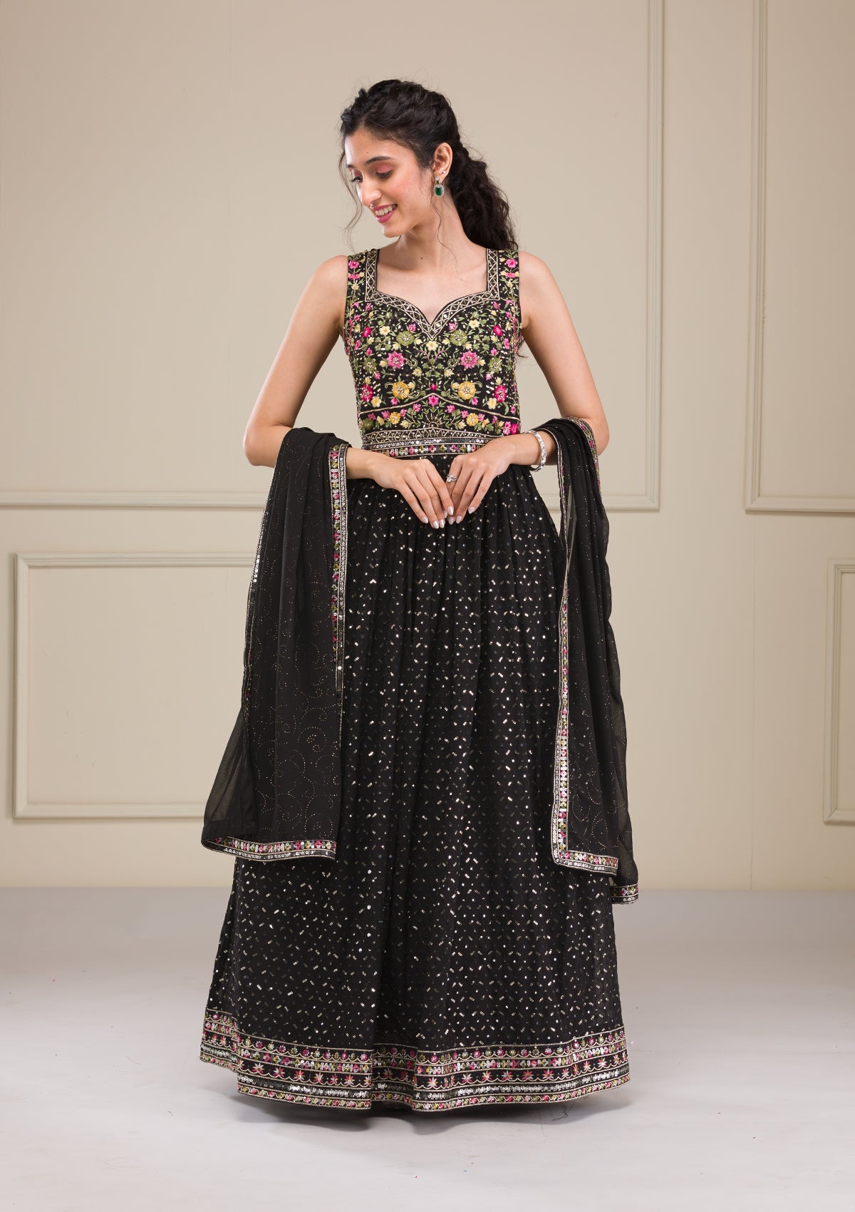 Black Threadwork Georgette Gown-Koskii