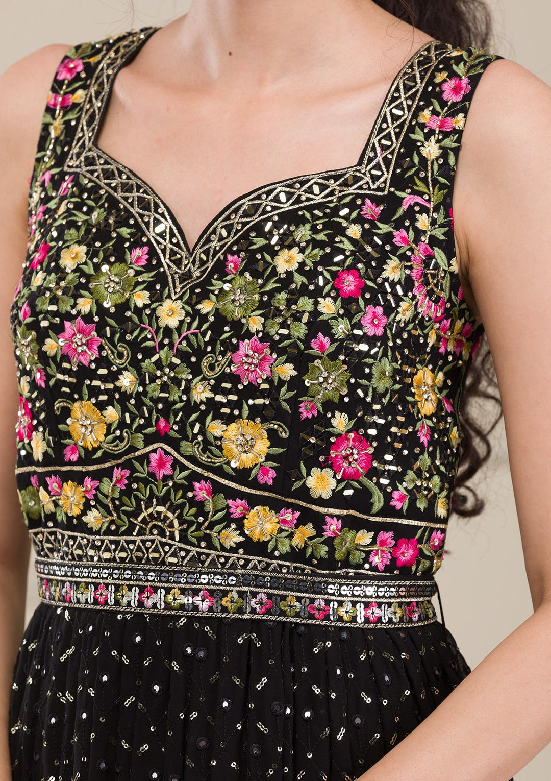 Black Threadwork Georgette Gown-Koskii
