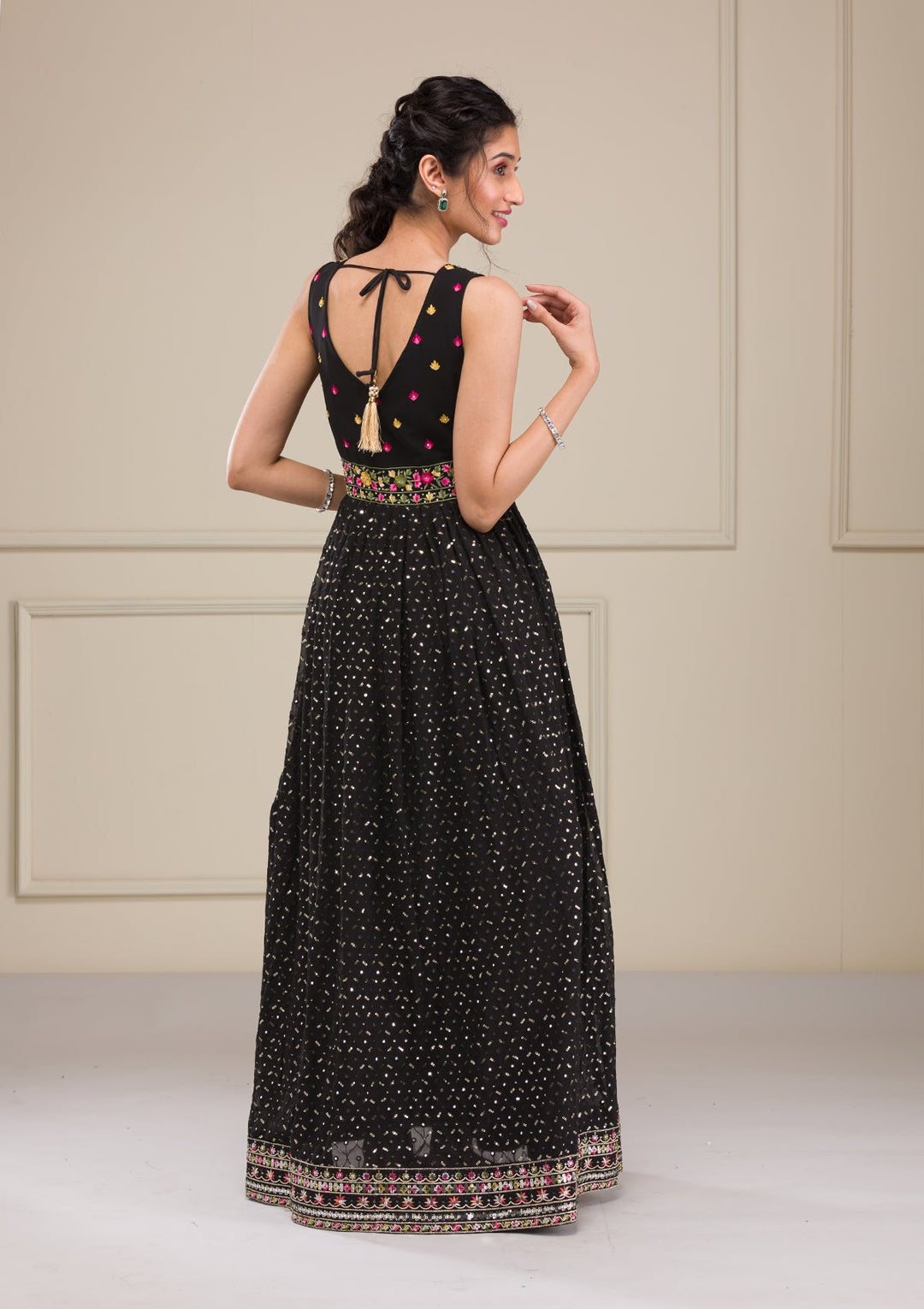 Black Threadwork Georgette Gown-Koskii