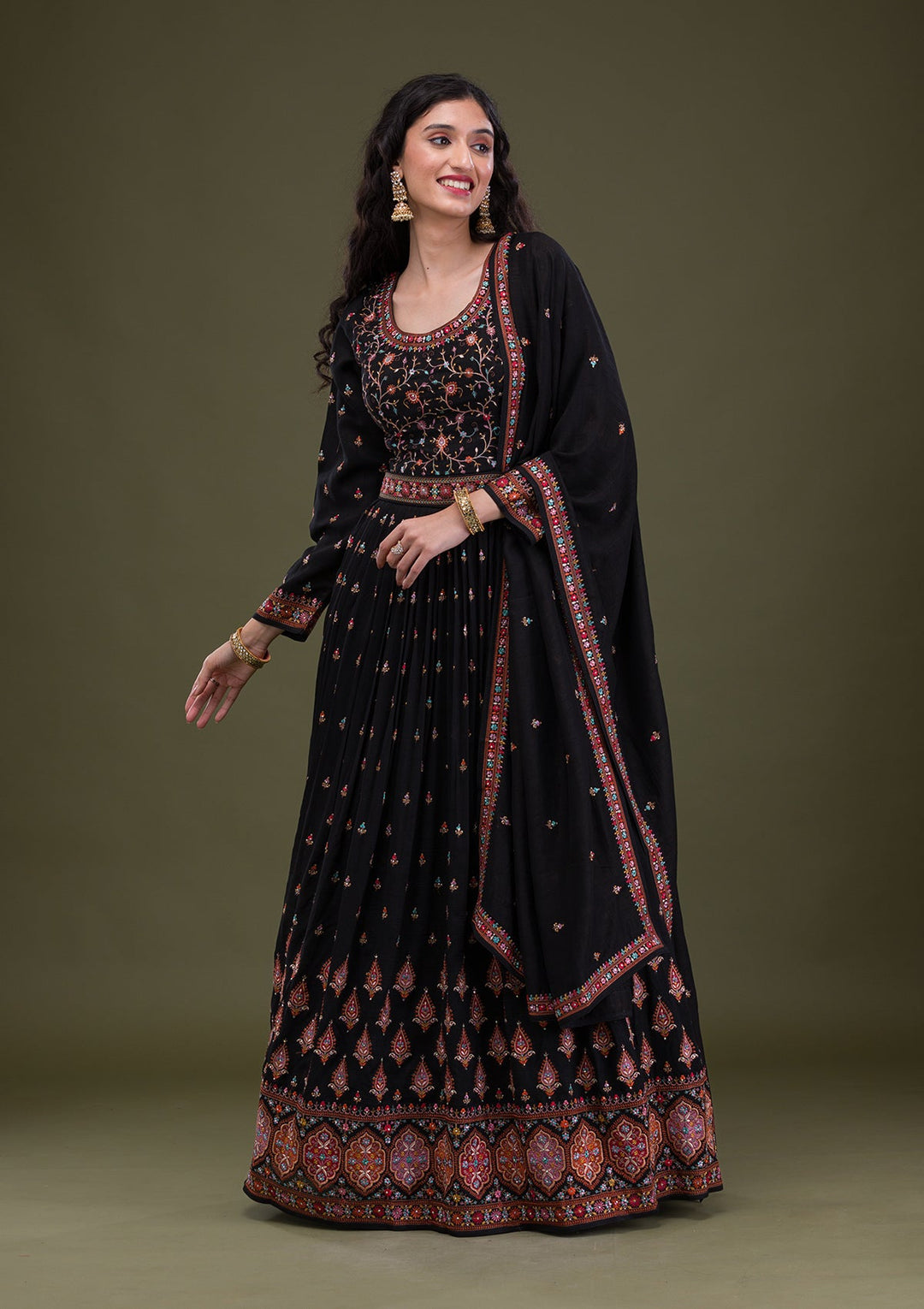 Black Threadwork Georgette Readymade Salwar Suit-Koskii