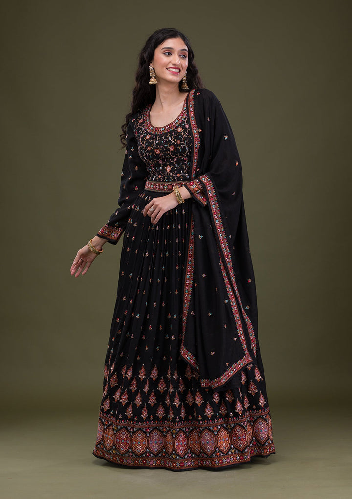 Black Threadwork Georgette Readymade Salwar Suit-Koskii