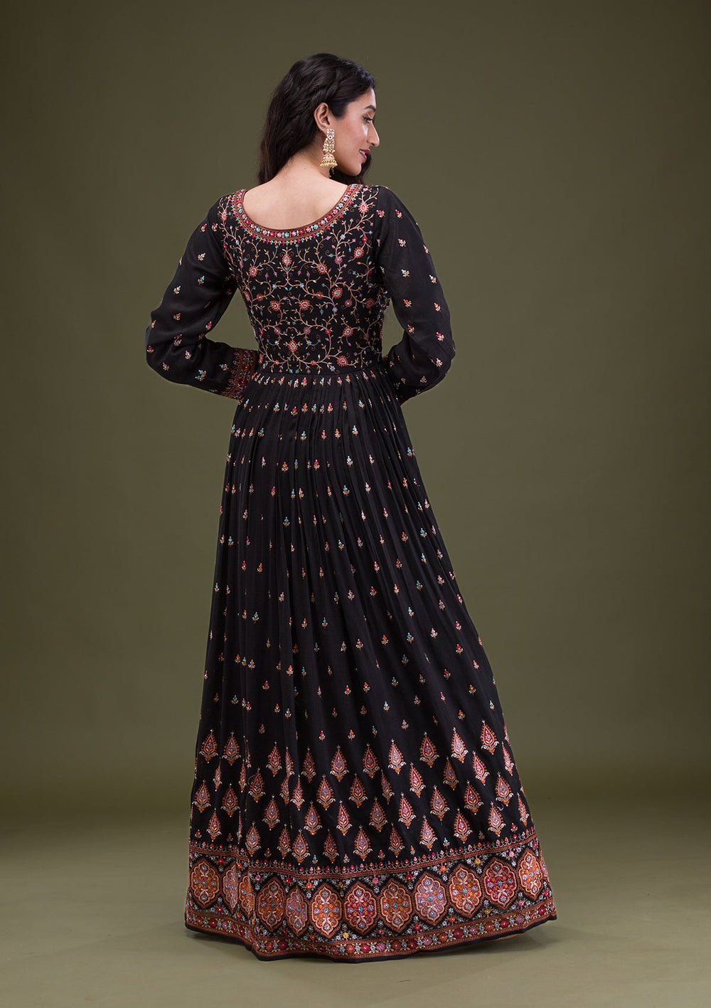Black Threadwork Georgette Readymade Salwar Suit-Koskii