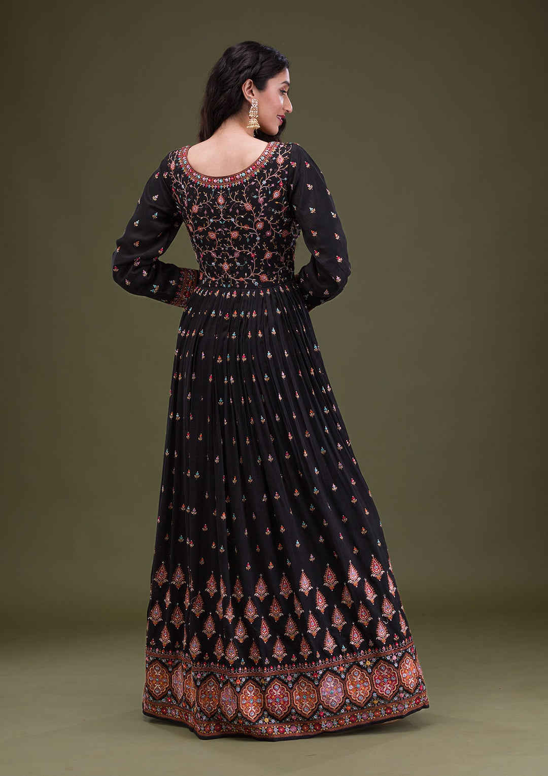 Black Threadwork Georgette Readymade Salwar Suit-Koskii