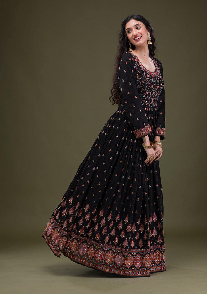 Black Threadwork Georgette Readymade Salwar Suit-Koskii