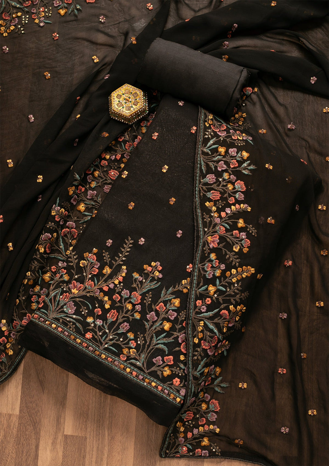 Black Threadwork Georgette Unstitched Salwar Kameez-Koskii