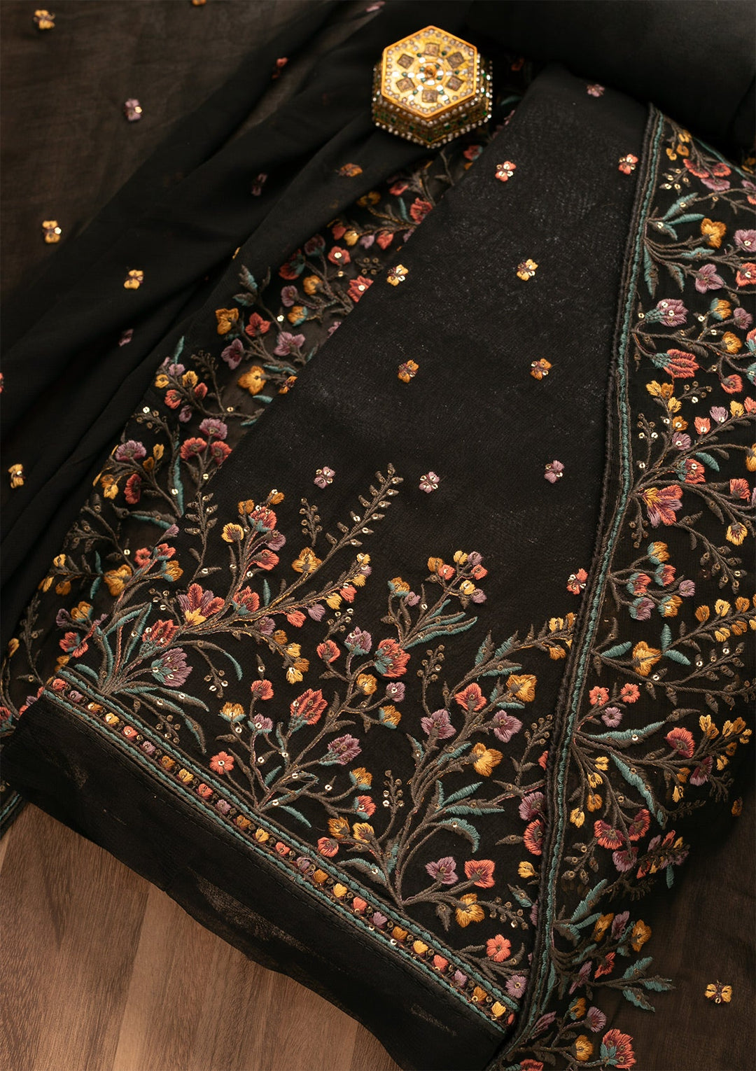 Black Threadwork Georgette Unstitched Salwar Kameez-Koskii