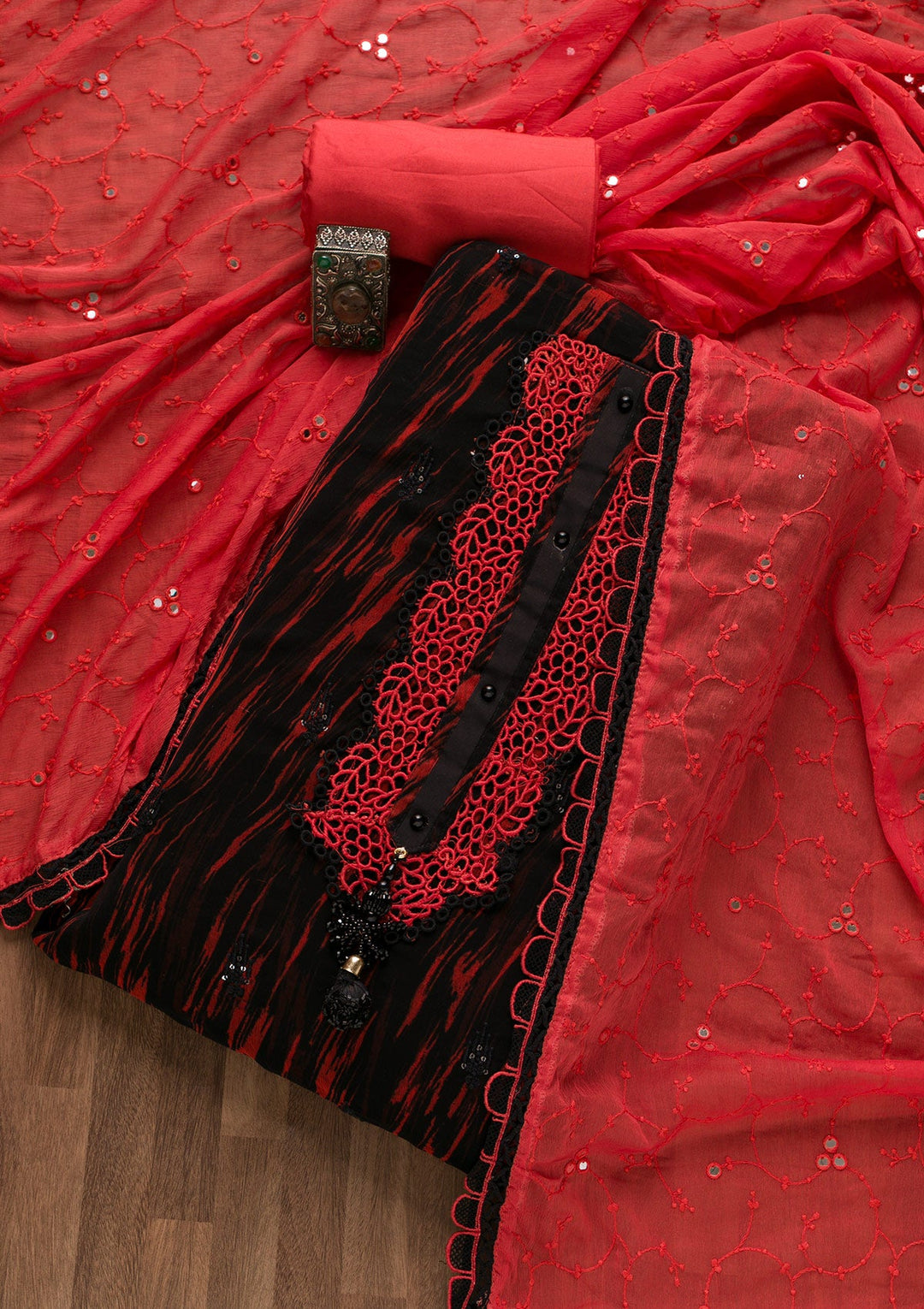 Black Threadwork Georgette Unstitched Salwar Suit-Koskii