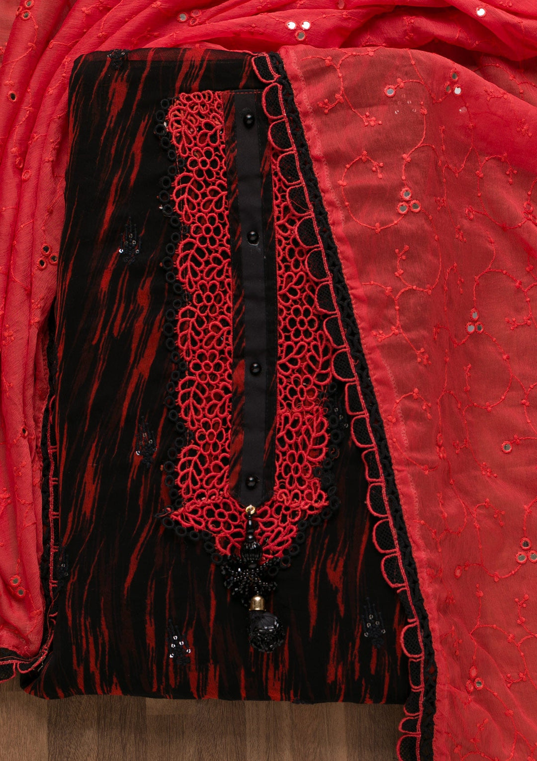 Black Threadwork Georgette Unstitched Salwar Suit-Koskii
