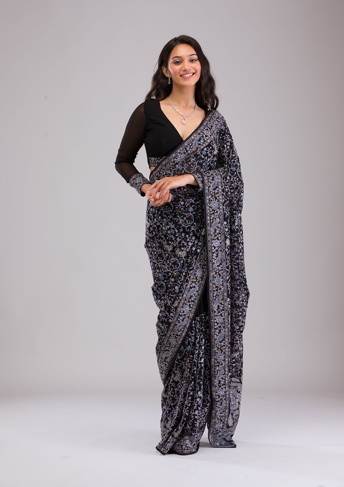 Black Threadwork Georgette Saree-Koskii